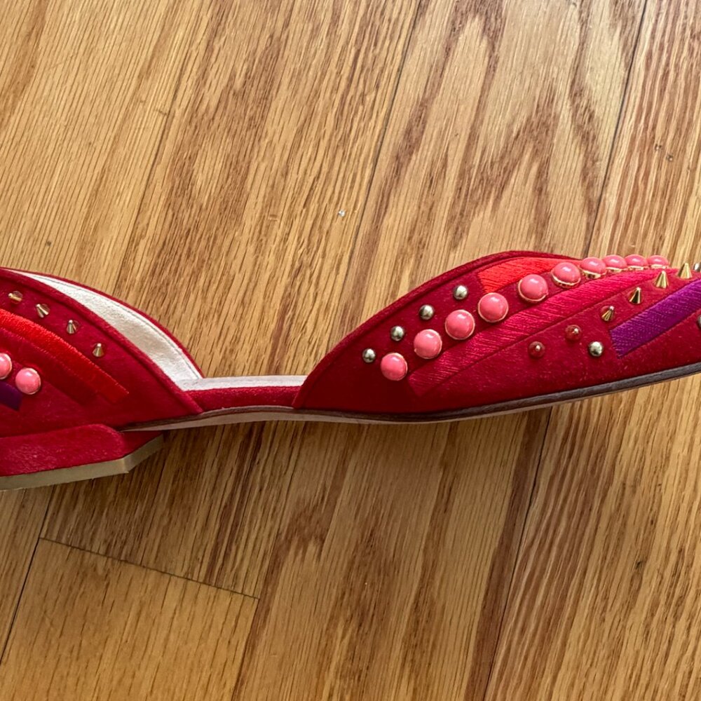 Stuart Weitzman Red Suede Flats With Gold Hardware - image 5